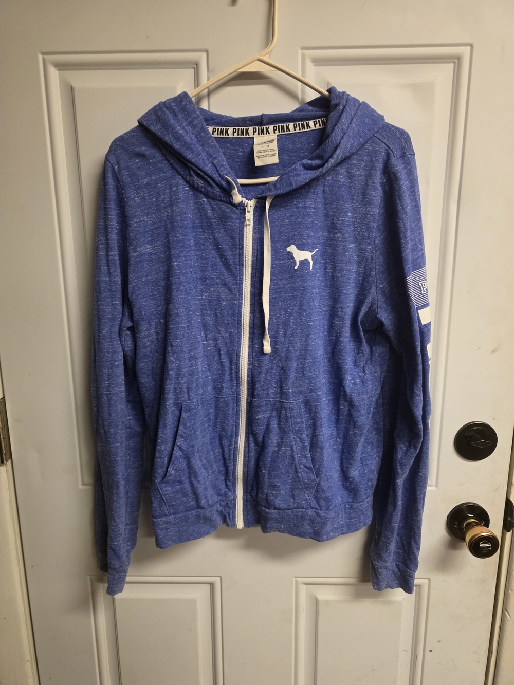 PINK Victoria's Secret Heather Blue Zip-Up Hoodie with Dog Logo